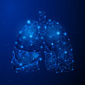 Human Lungs - Abstract vector image - three-dimensional low poly illustration. Outlines, triangles, dots. Plexus. Template design on dark blue background.