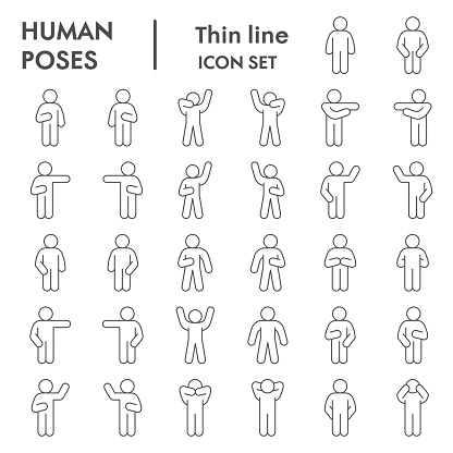 Human poses thin line icon set. Figure symbols collection or vector sketches. Basic body language signs for computer web, outline style pictogram package isolated on white background. Vector graphic
