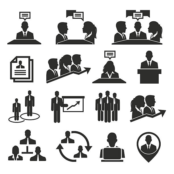 Human resources and management icons set Human resources and management icons set presentation speech silhouettes stock illustrations
