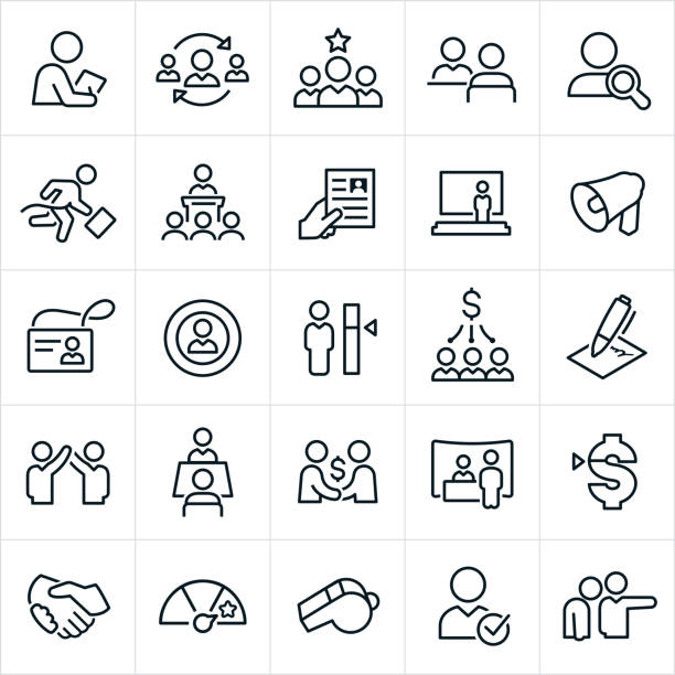 Human Resources Icons A set of human resources icons. The icons include a human resource manager, hiring, job candidates, job interview, search, employee with briefcase, business meeting, presentation, resume, bullhorn, ID, name badge, target, payroll, contract, job offer, job fair, pay raise, performance goal, whistle and employee firing to name a few. interview stock illustrations