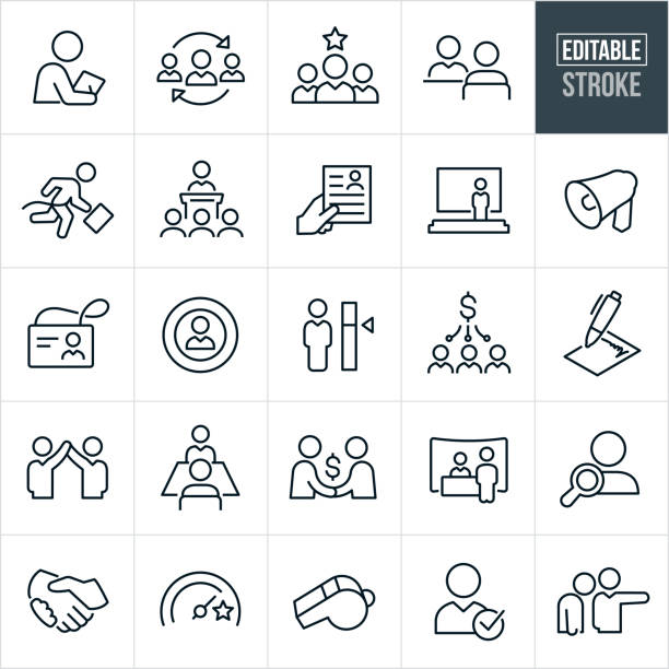 Human Resources Thin Line Icons - Editable Stroke A set of human resources and employment icons that include editable strokes or outlines using the EPS vector file. The icons include an HR manager, new hire, job candidate, job interview, employee, presentation, bullhorn, resume, name badge, payroll, contract, hiring, job fair, employee search, handshake, whistle and a person being fired just to name a few. recruitment symbols stock illustrations
