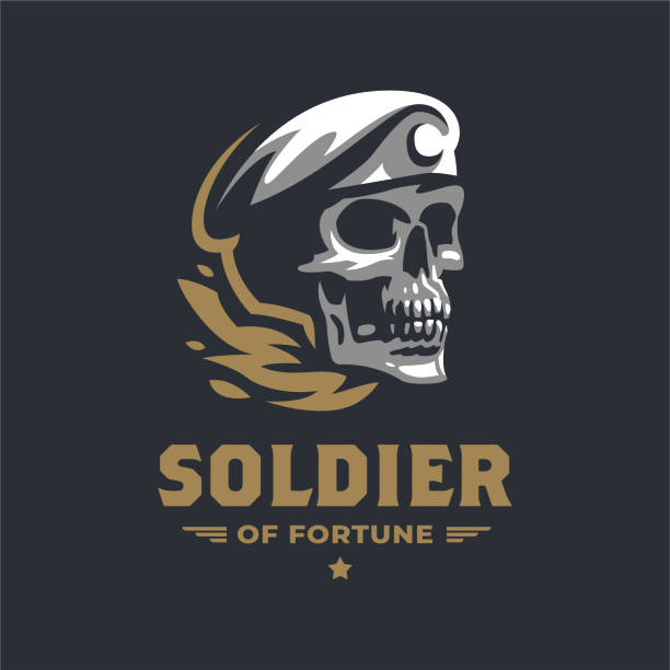 Human skull in a military beret. Human skull on fire in a military beret. Vector emblem. skull logo stock illustrations