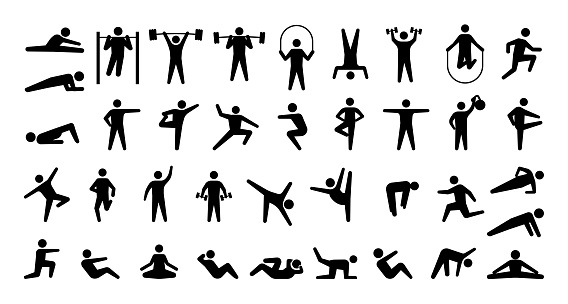 Human sport icons. Physical training. Fitness and gym exercises. Yoga or aerobic workout. Isolated symbols with stick man. Minimal active athletic person. Body silhouettes. Vector black signs set