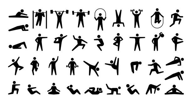 ilustrações de stock, clip art, desenhos animados e ícones de human sport icons. physical training. fitness and gym exercises. yoga or aerobic workout. isolated symbols with stick man. minimal athletic person. body silhouettes. vector signs set - fitness