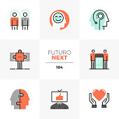 Modern flat icons set of synergy mind, success business partnership. Unique color flat graphics elements with stroke lines. Premium quality vector pictogram concept for web, branding, infographics.