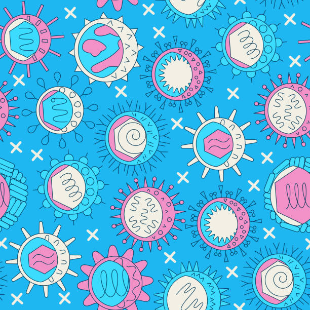 Human viruses seamless pattern in line style Human viruses seamless pattern in colored line style. Infection cells symbols. Microbiology scientific background. Vector illustration. polio stock illustrations