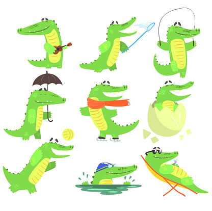 Humanized Crocodile Character Every Day Activities Collection Of Illustrations