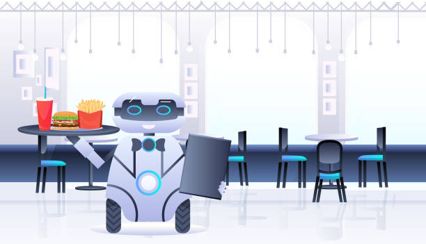 humanoid robot waiter carries tray with food and drinks in restaurant artificial intelligence technology concept humanoid robot waiter carries tray with food and drinks in restaurant artificial intelligence technology concept cafe interior horizontal vector illustration restaurant digitization stock illustrations