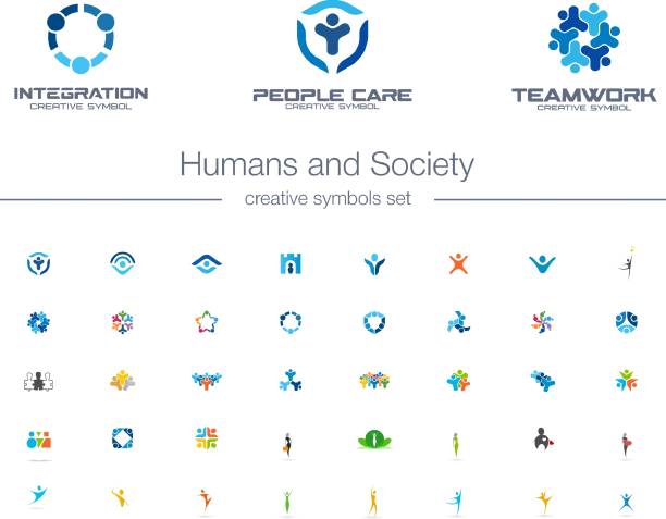 Humans group, Society creative symbols set. Humans group, Society creative symbols set. People protect, teamwork, collaboration abstract business concepts. Family, friend, leader icons abstract symbols stock illustrations