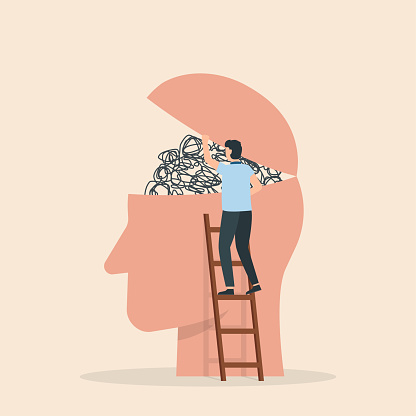 Humans head silhouette with messy lines of thinks. Mental disorder icon. Vector illustration.