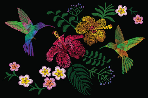 Hummingbird around flower plumeria hibiscus exotic tropical summer blossom. Embroidery fashion patch decoration textile print black white stripe geometric background template