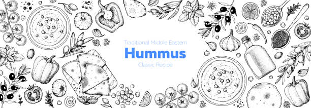 hummus kochen und zutaten für hummus, skizze illustration. nahöstliche küche rahmen. gesunde serdiel, designelemente. hand gezeichnet, paket-design. nahöstliche ernährung. - hummus stock-grafiken, -clipart, -cartoons und -symbole