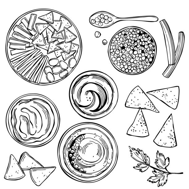 hummus-küche und zutaten für hummus.  vektor-illustration. - hummus stock-grafiken, -clipart, -cartoons und -symbole