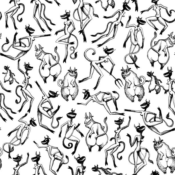 Humorous abstract vector seamless pattern of cartoon black and white dickens silhouette, devils, besom. Halloween party decoration, wrapping paper, textile print, batik paint, adults coloring book page Humorous abstract vector seamless pattern of cartoon black and white dickens silhouette, devils, besom. Halloween party decoration, wrapping paper, textile print, batik paint, adults coloring book page dancing drawings stock illustrations