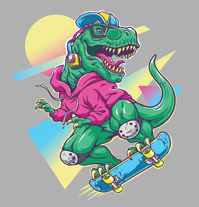 Humorous T rex Dinosaur riding on skateboard. Cool 80’s illustration style.
