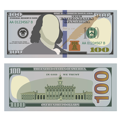 Hundred dollar bill, new design on both sides. 100 US dollars banknote, from front and reverse side. Vector illustration of USD isolated on white background