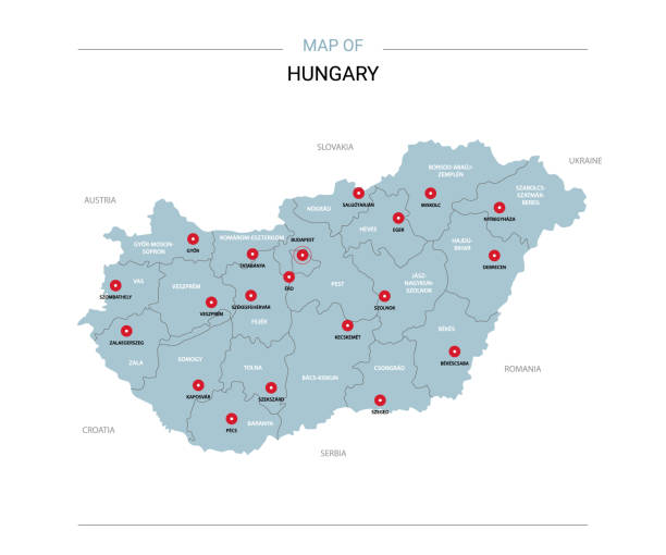 Hungary map vector with red pin. Hungary vector map. Editable template with regions, cities, red pins and blue surface on white background. hungary stock illustrations
