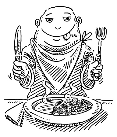 Hungry Cartoon Figure At Dining Table Drawing