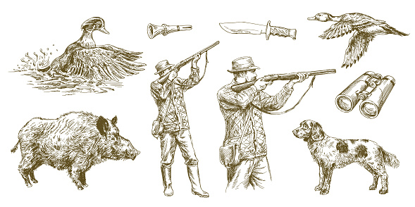 Hunter shoots a gun, duck hunting with dog. Hand drawn vector illustration.