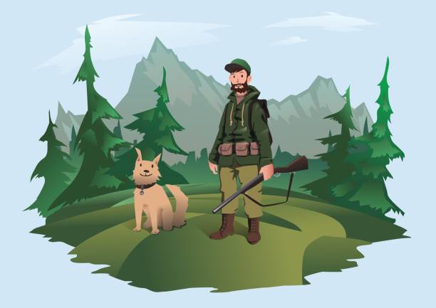 獵人與槍和狗。獵人站在森林裡反對山上的風景。向量插圖, 在光背景下隔離。 - rangers 幅插畫檔、美工圖案、卡通及圖標