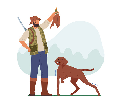 Hunter with Rifle and Dog Show Duck, Man Ranger Hunting Hobby, Sport or Outdoor Activity, Male Character with Weapon