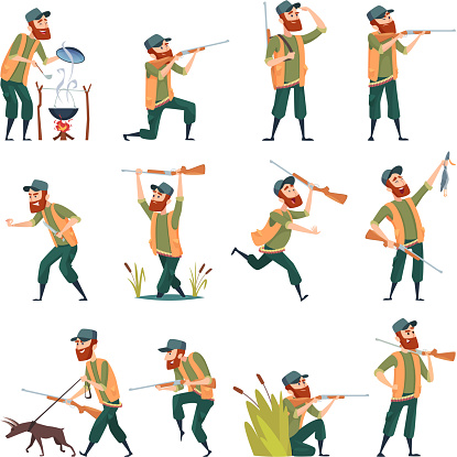 Hunters. Sniper outdoor human with weapons duck hunting in action poses vector characters