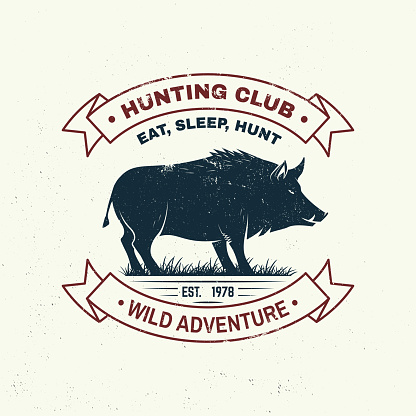 Hunting club badge. Eat, sleep, hunt. Vector illustration. Concept for shirt, label, print, stamp, badge, tee. Vintage typography design with boar silhouette. Outdoor adventure hunt club emblem