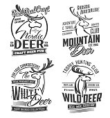 Deer animals silhouettes, hunting and adventure club, craft bar and beer pub isolated monochrome . Vector reindeer muzzle, hunter open season. Gazelle or antelope, moose elk head, wild stag deer