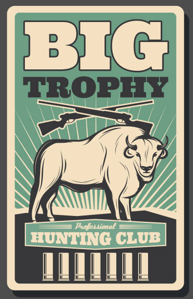 Hunting club retro banner with bison, hunter rifle Big trophy animal vintage banner for hunting sport design. Bison wild mammal with crossed hunter gun, rifle cartridge and retro sun ray for hunter club, outdoor recreation and hobby poster template buffalo shooting stock illustrations