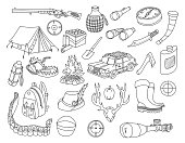 Hunting and inventory vector doodles set.