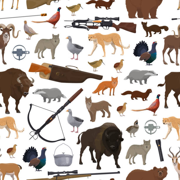Hunting sport items, animals and birds pattern Birds, animals and hunting sport equipment seamless pattern. Vector shooting weapon, crossbow and gun, trap and rifle. Buffalo and wolf, duck and lynx, cheetah and bear, antelope and goat buffalo shooting stock illustrations