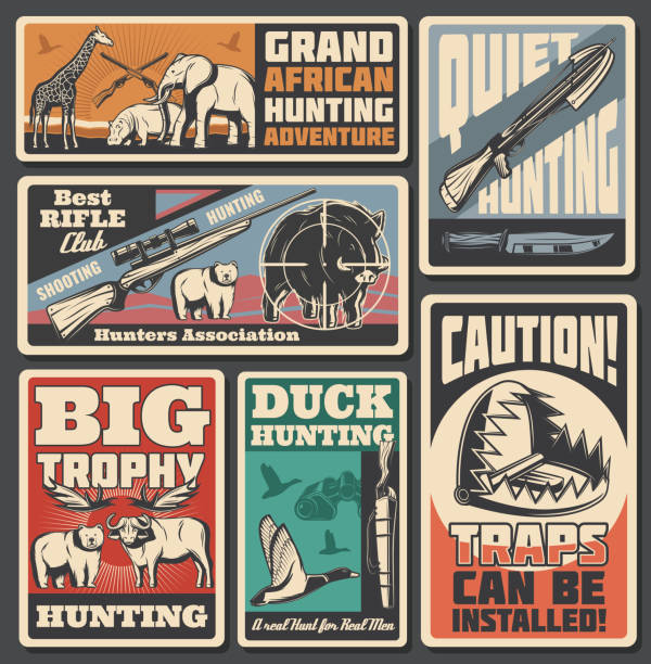 Hunting sport posters, ammunition and animals Animals and weapon of hunting sport retro vector posters. African safari and forest mammals, rifle and crossbow, knife or trap. Elephant and giraffe, duck and boar, buffalo and hippo, outdoor activity buffalo shooting stock illustrations