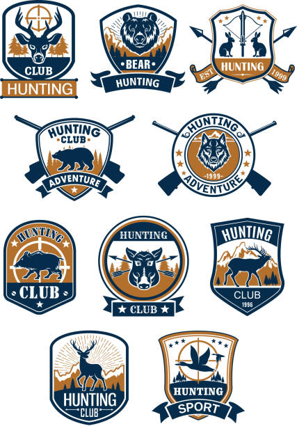 Hunting sport symbol and hunter club badge set Hunting sport symbol and hunter club membership badge set. Deer, duck, boar, bear, wolf, elk, hare, hog wild animals with rifle, target sign and arrows, framed by heraldic shield and round seal hunting sport stock illustrations