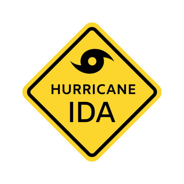 Hurricane Ida warning sign. Yellow rhombus icon with black border with hurricane symbol and caption Hurricane Ida warning sign. Yellow rhombus icon with black border with hurricane symbol and caption. Vector illustration storm silhouettes stock illustrations