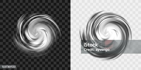 istock Hurricane symbol from white swirl clouds, twister on transparent background, top view. Two versions - for dark and light backgrounds 1337301123
