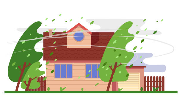 Hurricane, wind storm and house, natural disaster Hurricane or wind storm, cyclone and house, vector natural disaster damage. Hurricane tornado or typhoon winds, weather cataclysm and destruction of building by whirlwind, climate background storm illustrations stock illustrations