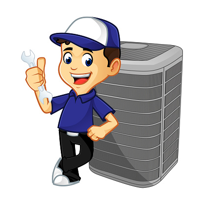 Hvac Cleaner or technician leaning on air conditioner