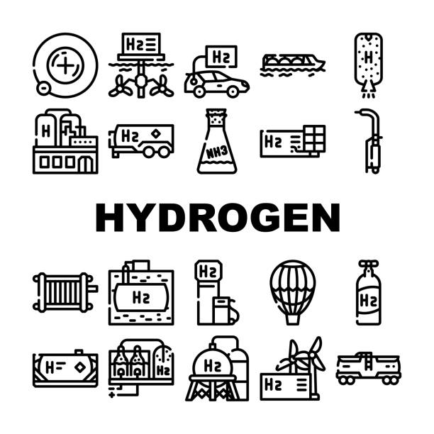 Hydrogen Energy Gas Collection Icons Set Vector Hydrogen Energy Gas Collection Icons Set Vector. Hydrogen Fuel Station And Cylinder, Solar Panel Production And Factory Manufacturing Contour Illustrations ammonia stock illustrations