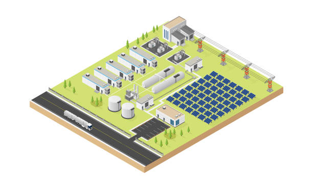 hydrogen microgrid with solar cell in isometric graphic hydrogen microgrid with solar cell in isometric graphic energy storage stock illustrations