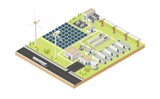 hydrogen microgrid with wind turbine and solar cell in isometric graphic hydrogen microgrid with wind turbine and solar cell in isometric graphic energy storage stock illustrations