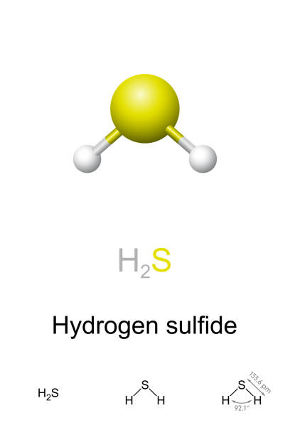 Hydrogen sulfide, H2S, ball-and-stick model, molecular and chemical formula