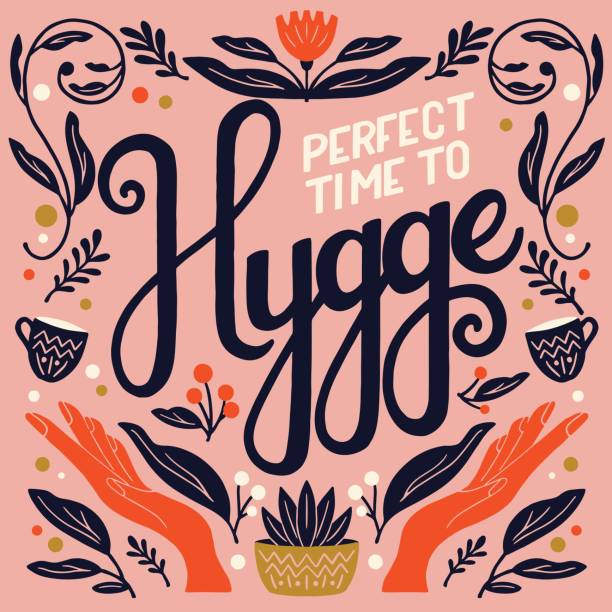 Hygge concept. Colorful hand lettering and illustration design. Scandinavian folk motives. Cozy atmosphere at home. Flat vector illustration. vector art illustration