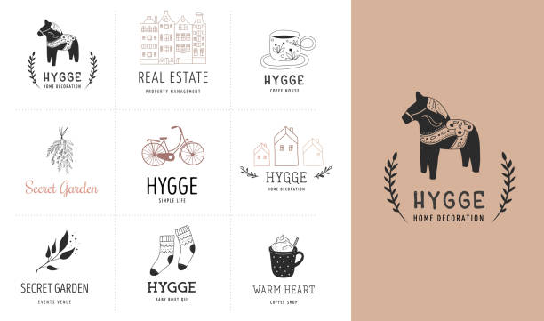 hygge - простая жизнь на датском языке, коллекция нарисованных вручную элегантных и чистых логотипов, элементов - copenhagen stock illustrations