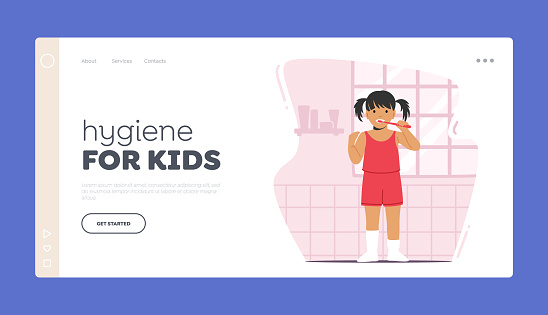 Hygiene for Kids Landing Page Template. Little Girl Character Brushing Teeth in Bathroom. Bathing, Toothbrush Routine