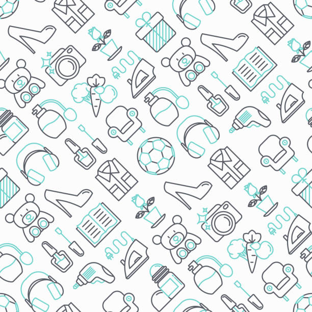 Hypermarket seamless pattern with thin line icons: apparel, sport equipment, electronics, perfumery, cosmetics, toys, food, appliances. Modern vector illustration for background. Hypermarket seamless pattern with thin line icons: apparel, sport equipment, electronics, perfumery, cosmetics, toys, food, appliances. Modern vector illustration for background. supermarket patterns stock illustrations