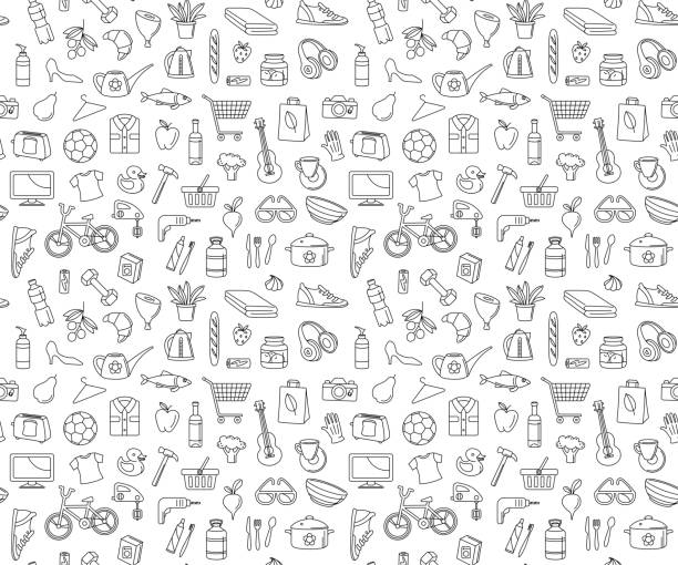Hypermarket store food, appliances, clothes, toys seamless icons background pattern Supermarket hypermarket store food, market products, goods, appliances, clothes, toys, music, sports seamless thin line icons background pattern. Vector illustration in linear simple style. supermarket patterns stock illustrations