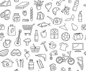 Supermarket hypermarket store food, market products, goods, appliances, clothes, toys, music, sports seamless thin line icons background pattern. Vector illustration in linear simple style.