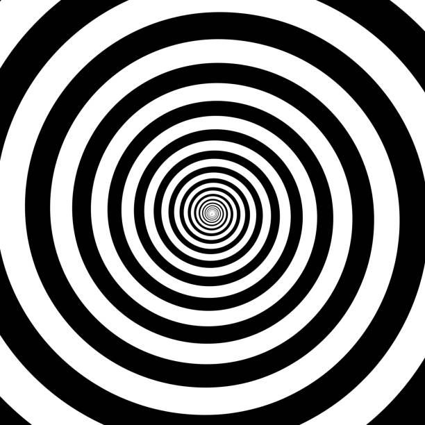 Hypnotic circles abstract white black optical illusion vector spiral swirl pattern background Hypnotic circles abstract vector optical illusion spiral swirl. Hypnotize circular pattern background of black and white rotating circles or psychedelic hypnosis lines in hypnotic motion decorative art stock illustrations