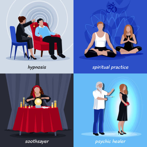 hypnotism extrasensory clairvoyance spiritual mystical people 2x2 Four square hypnotism extrasensory icon set with spiritual practice soothsayer physic healer descriptions vector illustration person hypnotized by mass media stock illustrations