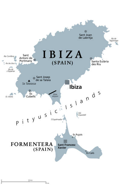 ibiza und formentera island, spanien, graue politische karte, pityusic islands - ibiza stock-grafiken, -clipart, -cartoons und -symbole